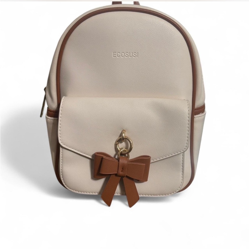 ECOSUSI Mini Backpack – Cream with Brown Trim | Removable Bowknot Charm